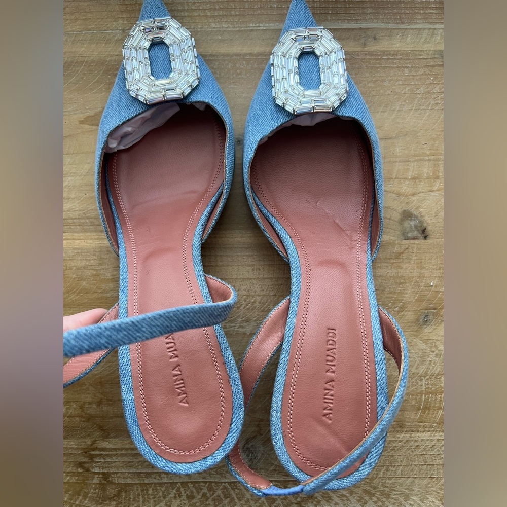 Amina Muaddi 60mm Camelia Slingback Pointed Toe Pumps Denim Size 40 New - Picture 8 of 13